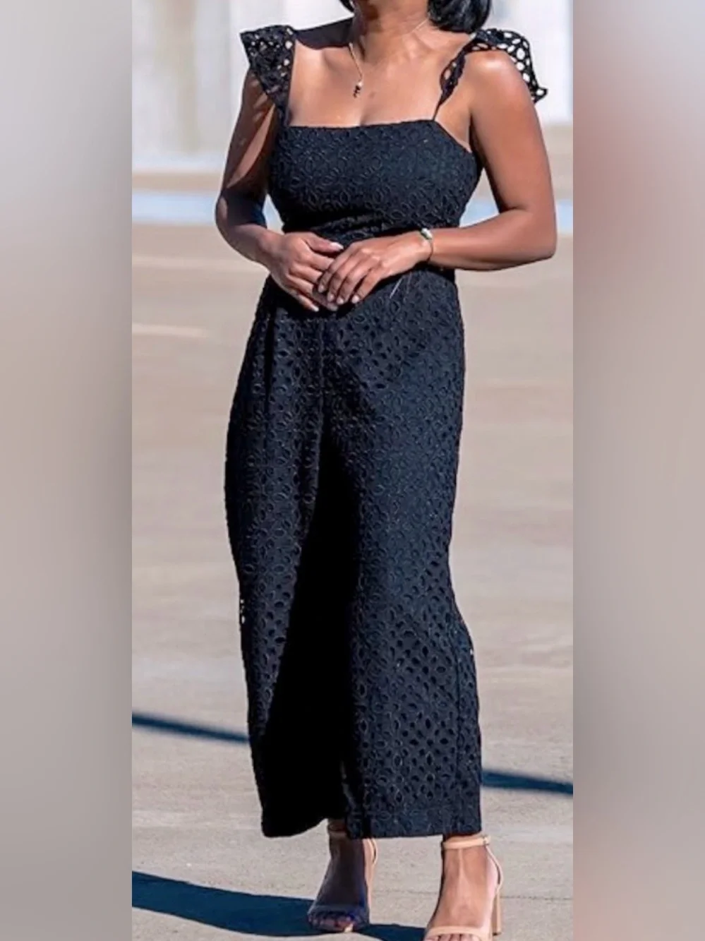 NWT J.Crew Kasana eyelet jumpsuit featuring ruffled straps.